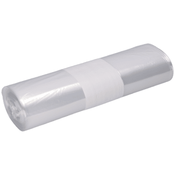 Przezroczysta rolka DEISS 99072 (450x550x0,025 mm, 50 torebek) firmy EMIL DEISS KG (GmbH + Co.) jest przedstawiona na prostym białym tle, ciasno zwinięta i zabezpieczona białą papierową taśmą pośrodku.