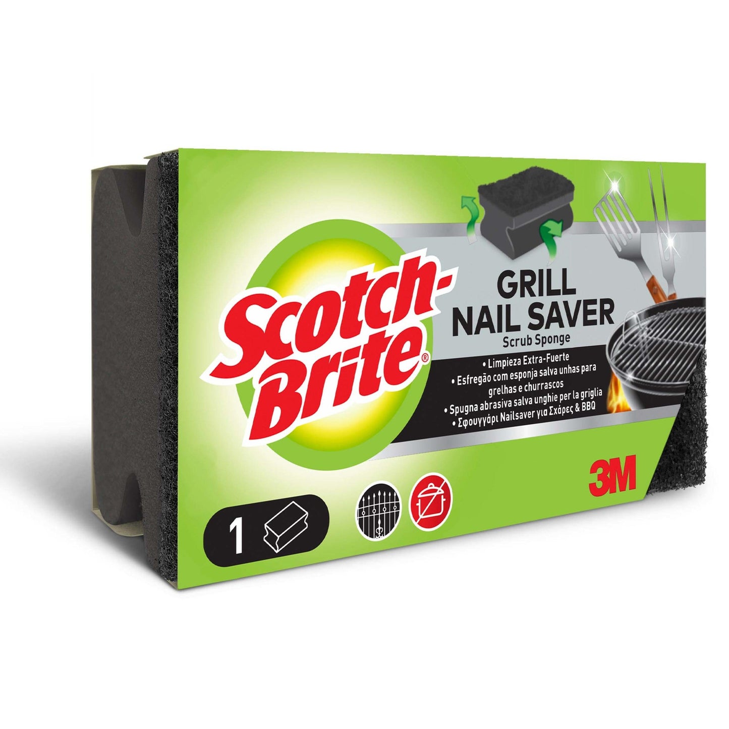 Prostokątne pudełko Scotch-Brite® Grill Griffschwamm od 3M Deutschland GmbH, w kolorach zielonym, żółtym i czarnym, pokazuje zdjęcia produktu i tekst, który mówi, że jest idealny do czyszczenia grilla i akcesoriów BBQ; 1 sztuka na opakowanie.