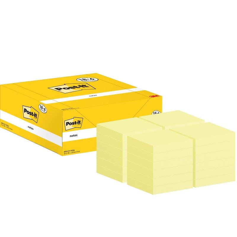 Żółte pudełko z karteczkami Post-it® firmy 3M Deutschland GmbH stoi obok czterech stosów żółtych karteczek (38x51mm, 100 arkuszy/blok), które są częścią opakowania 18+6 gratis w kartonie, 100% certyfikowane przez PEFC.