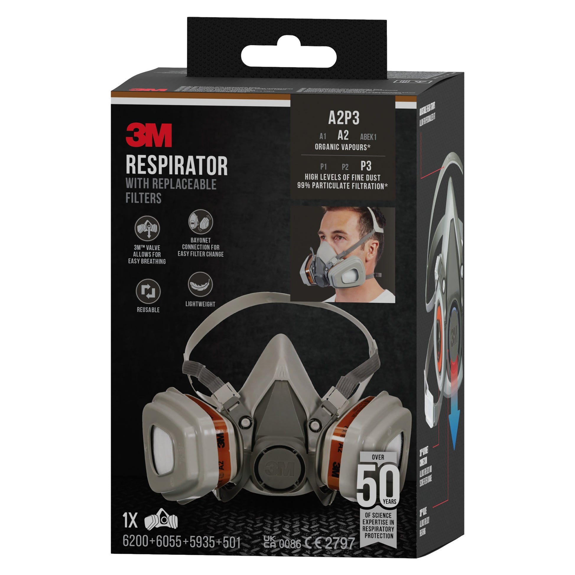 Die 3M™ Atemschutzmaske 6003KIT-1 von 3M Deutschland GmbH ist auf der Verpackung abgebildet und hebt Merkmale wie A2P3-Filterung organischer Dämpfe, einfachen Filterwechsel, Wiederverwendbarkeit und leichtes Design hervor. Das Kit enthält: 1x6200, 2x6055, 2x5935, und 2x501.