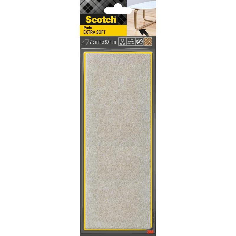 Przedstawiono opakowanie Scotch® Extra miękkie podkładki filcowe, samoprzylepne, beżowe (215 mm x 80 mm) firmy 3M Deutschland GmbH w oryginalnym czarno-żółtym opakowaniu z nogą stołu, na której w prawym górnym rogu widnieje podkładka.