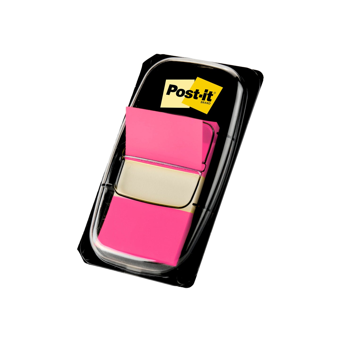 Opakowanie indeksowych pasków samoprzylepnych 3M Deutschland GmbH Post-it®, Standard (25,4 mm x 43,2 mm), 50 sztuk w podajniku z jaskrawo różowymi chorągiewkami i żółtym logo Post-it na etykiecie.