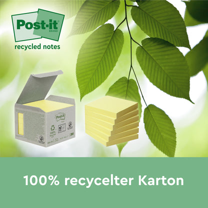 Opakowanie Post-it® Recycling Z-Notes, Żółty (76x76 mm, 100 arkuszy/blok, 6 bloków), od 3M Deutschland GmbH, jest przedstawione na zielonych kartkach z tekstem "100% z recyklingu karton". Karteczki są ekologiczne i certyfikowane przez PEFC.