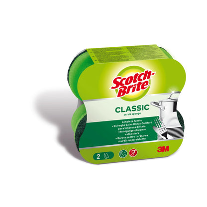 Opakowanie Scotch-Brite® Classic gąbki do czyszczenia 3M Deutschland GmbH pokazuje dwie zielone i żółte gąbki, wielojęzyczne informacje o produkcie i zdjęcie czystych naczyń.