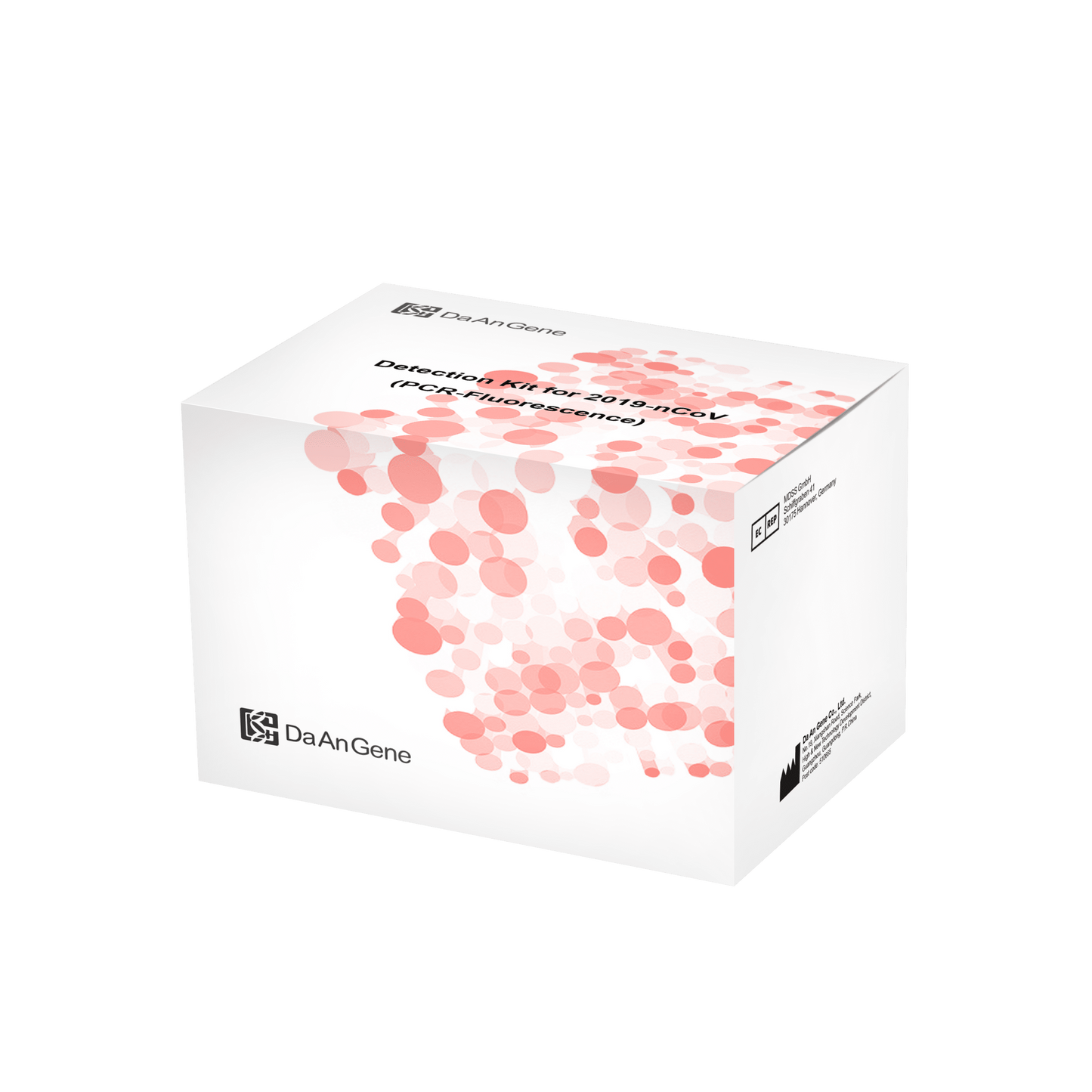 Na zielonym tle przedstawione jest białe pudełko opakowaniowe dla „Zestawu do wykrywania (PCR-Fluorescencja) DaAn Zestaw do diagnostyki genetycznej dla 2019-ncov” z 96 testami, ozdobione napisem „Altruan”.