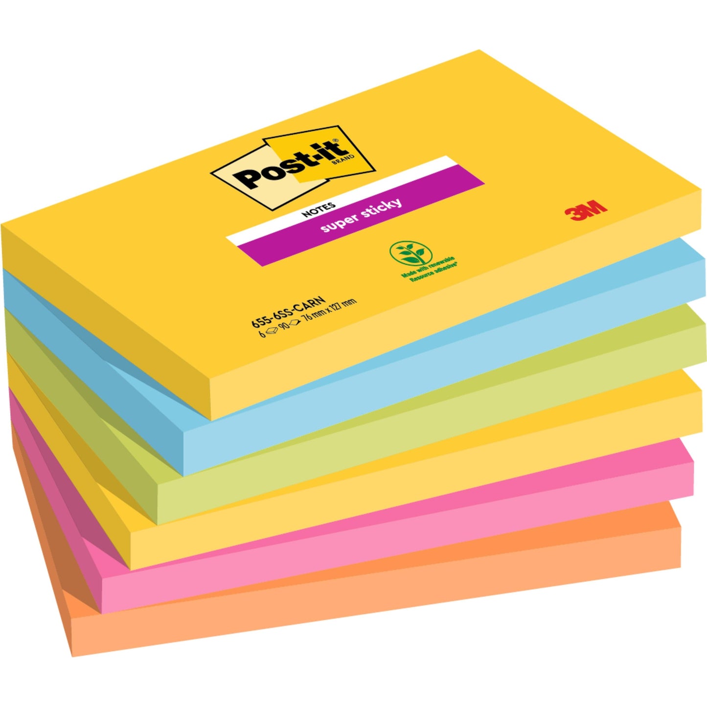 Stos sześciu karteczek 3M Post-it® Super Sticky Notes (76 mm x 127 mm, 90 arkuszy/blok, 100% PEFC) w kolorach żółtym, zielonym, niebieskim, fioletowym, różowym i pomarańczowym; żółta okładka pokazuje logo i szczegóły produktu.