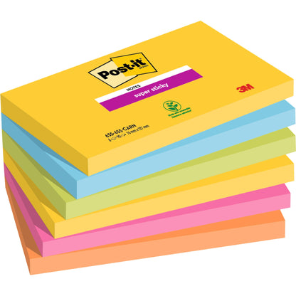 Stos sześciu karteczek 3M Post-it® Super Sticky Notes (76 mm x 127 mm, 90 arkuszy/blok, 100% PEFC) w kolorach żółtym, zielonym, niebieskim, fioletowym, różowym i pomarańczowym; żółta okładka pokazuje logo i szczegóły produktu.