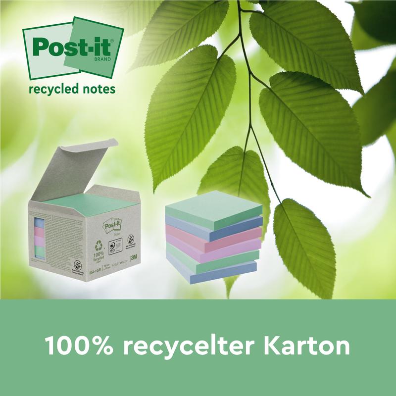Otwarta pudełko z pastelowymi karteczkami samoprzylepnymi Post-it® Recycling Notes (38 mm x 51 mm, 100 arkuszy/blok, 100% PEFC) firmy 3M Deutschland GmbH leży obok stosu karteczek, za którymi znajdują się zielone liście. Tekst: „100% z recyklingu karton” i „karteczki z recyklingu”.