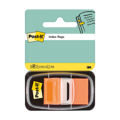 Opakowanie standardowych pasków indeksowych Post-it® (25,4 mm x 43,2 mm, 50 pasków/podajnik) od 3M Deutschland GmbH zawiera pomarańczowe i białe paski samoprzylepne. Na opakowaniu znajduje się logo Post-it i informacje o rozmiarze produktu.