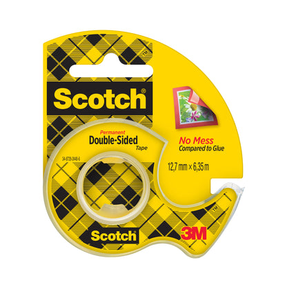 Opakowanie taśmy dwustronnej Scotch® 136D-MDOEU (12,7 mm x 6,3 m) firmy 3M Deutschland GmbH zawiera rolkę w podajniku ręcznym z widoczną rolką taśmy i żółto-kratkowanym wzorem z napisem "Bez bałaganu w porównaniu z klejem".