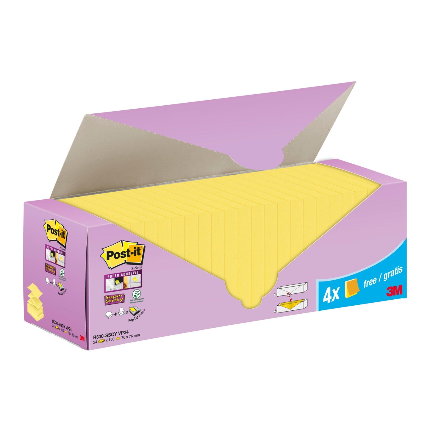 Pudełko 3M Post-it® Super Sticky Z-Notes w kolorze żółtym (76 x 76 mm) z fioletowym kartonowym opakowaniem ma napis "20 bloków + 4 gratis/opakowanie" i zawiera 90 arkuszy/blok, wykonane z papieru certyfikowanego przez PEFC w 100%.