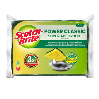 Opakowanie 3M Deutschland GmbH Scotch-Brite® Classic gąbki do czyszczenia w kolorach zielonym i białym, z dwoma żółto-zielonymi gąbkami i garnkiem, podkreśla "3-krotną siłę czyszczenia" i zawiera 2 sztuki.