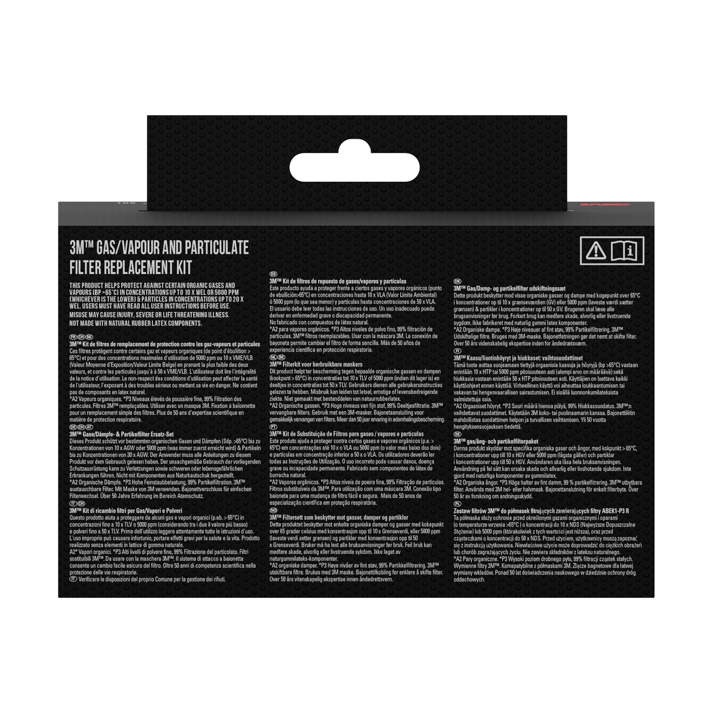 Rückseite einer 3M Deutschland GmbH 3M™ Atemschutzmaske 6002KIT-1 Packung (1 Stück) mit Informationen, Anweisungen und Warnhinweisen zu austauschbaren A2P2 Filtern (Schutz gegen organische Dämpfe) in mehreren Sprachen für die Atemschutzmaske.