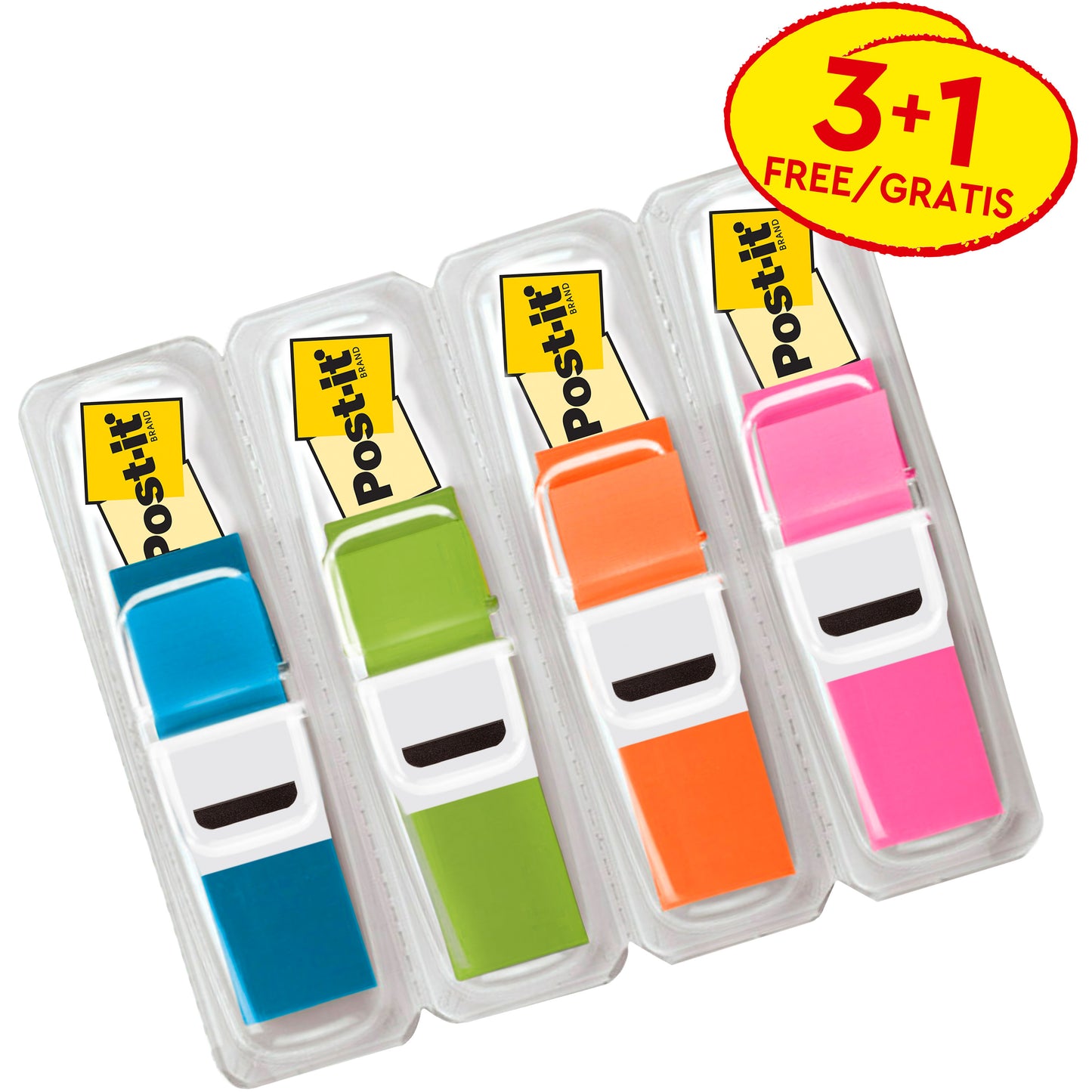 Cztery opakowania 3M Post-it® Index Haftstreifen Mini (11,9 x 43,2 mm, przezroczyste kolory) są przedstawione w plastikowych osłonach z etykietą "3+1 FREE/GRATIS" w kolorze żółtym i czerwonym. Każde opakowanie zawiera 35 pasków na dozownik, 3 dozowniki +1 gratis.