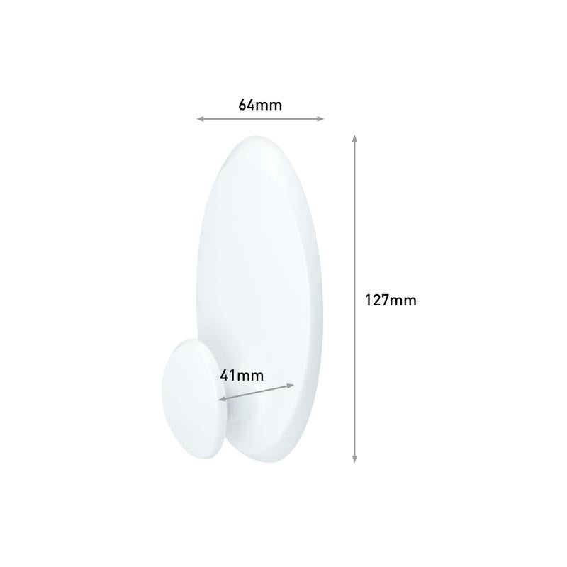 Hak na ubrania Command™, 17019-FGN od 3M Deutschland GmbH, ma białą, owalną tylną ściankę (127x64mm) i okrągły hak (Ø41mm). Strzałki pokazują te wymiary. Idealny do montażu na ścianie bez wiercenia.