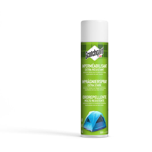 Eine 400ml Dose Scotchgard™ Imprägnierspray extra stark von 3M Deutschland GmbH, mit grünem Etikett, mehrsprachigem Text (Französisch, Deutsch, Italienisch) und blauer Zeltabbildung. Extra widerstandsfähiges Imprägnierspray. 1 Dosis pro Packung.