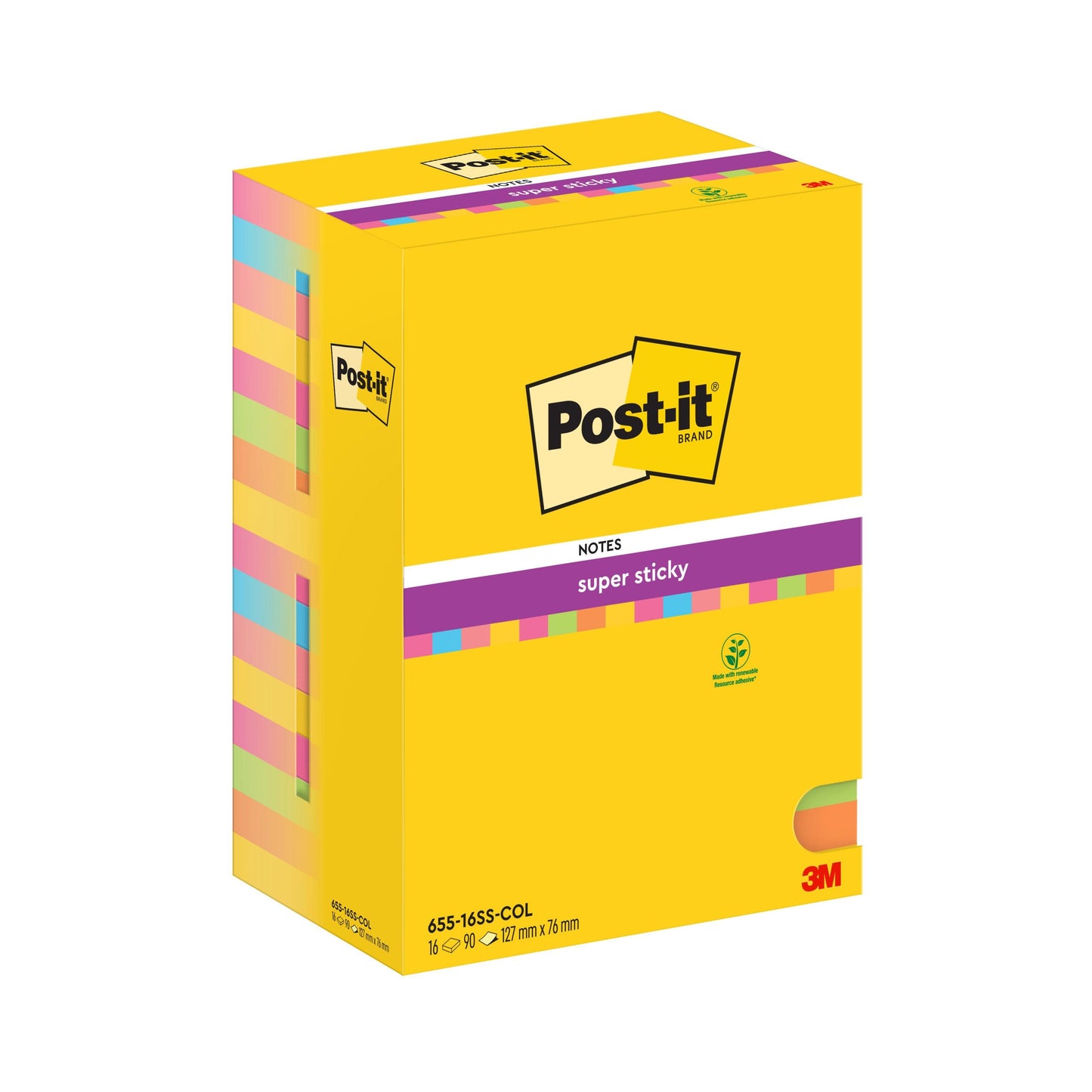 Opakowanie z 16 Post-it® Super Sticky Notes firmy 3M Deutschland GmbH, każdy w różnych kolorach, rozmiar 76 mm x 127 mm, z 90 arkuszami na blok. Wykonane z papieru certyfikowanego przez PEFC (SGSCH-PEFC-COC-110078).