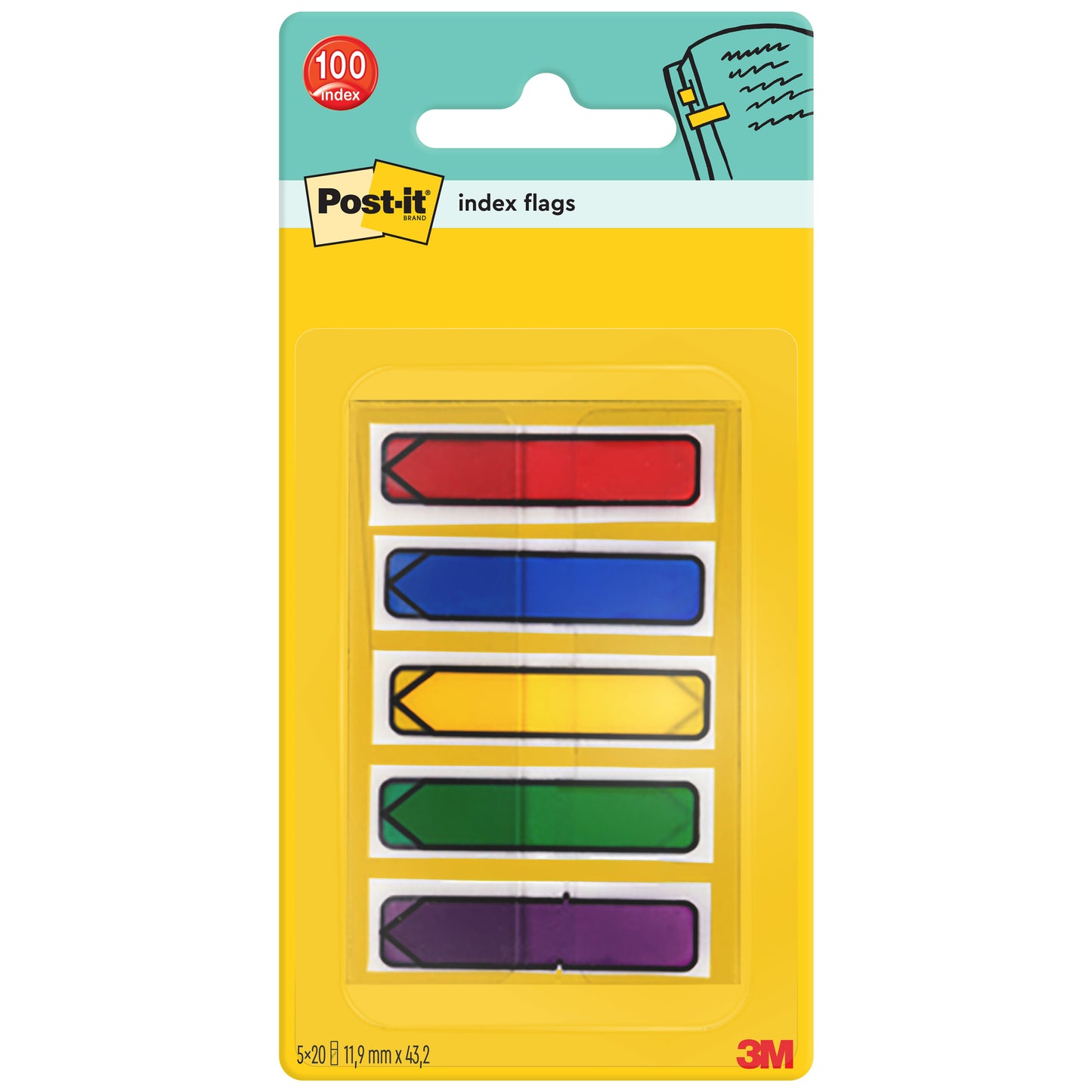 Indeksy strzałek Post-it® od 3M Deutschland GmbH (11,9 mm x 43,2 mm) zawierają 100 zakładek w pięciu kolorach na opakowanie, idealne do organizowania dokumentów. Dostawa w żółtym dyspenserze z logo Post-it i 3M.
