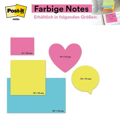 Obrazek przedstawia karteczki samoprzylepne Post-it®, Poptimistic Collection firmy 3M Deutschland GmbH: kolorowe karteczki 38 x 51 mm (100 kartek/blok, 12 bloków/opakowanie, opakowanie kartonowe, 100% PEFC, SGSCH-PEFC-COC-110078) w różnych kształtach i kolorach.