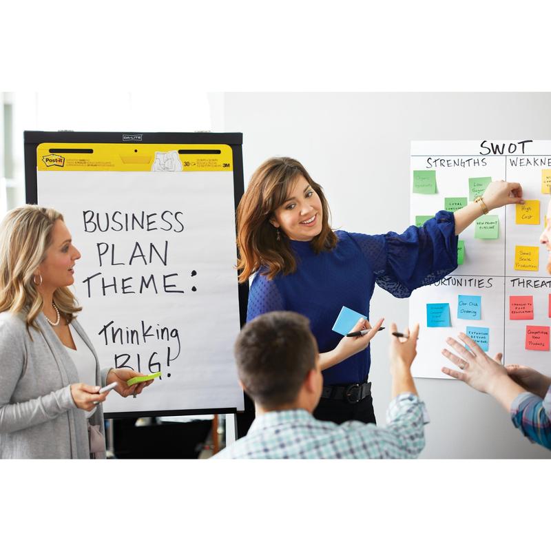 Kobieta wskazuje gestami na analizę SWOT na tablicy, podczas gdy jej koledzy ją obserwują. Inna osoba stoi obok flipchartu z napisem "Business Plan Theme: Thinking Big!" Wszyscy używają karteczek 3M Post-it® (76x76 mm, żółte, 6 bloków/opakowanie).