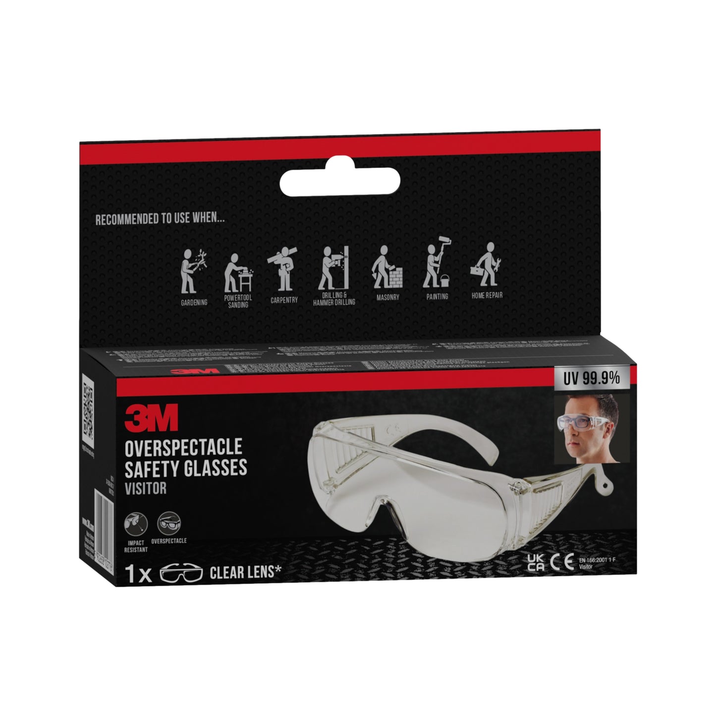 Pudełko z okularami ochronnymi 3M™ Visitor z przezroczystymi soczewkami od 3M Deutschland GmbH. Opakowanie przedstawia przezroczyste okulary ochronne, wskazówki dotyczące użycia w ogrodnictwie/malowaniu, zdjęcie użytkownika i podkreśla 99,9% ochronę UV.