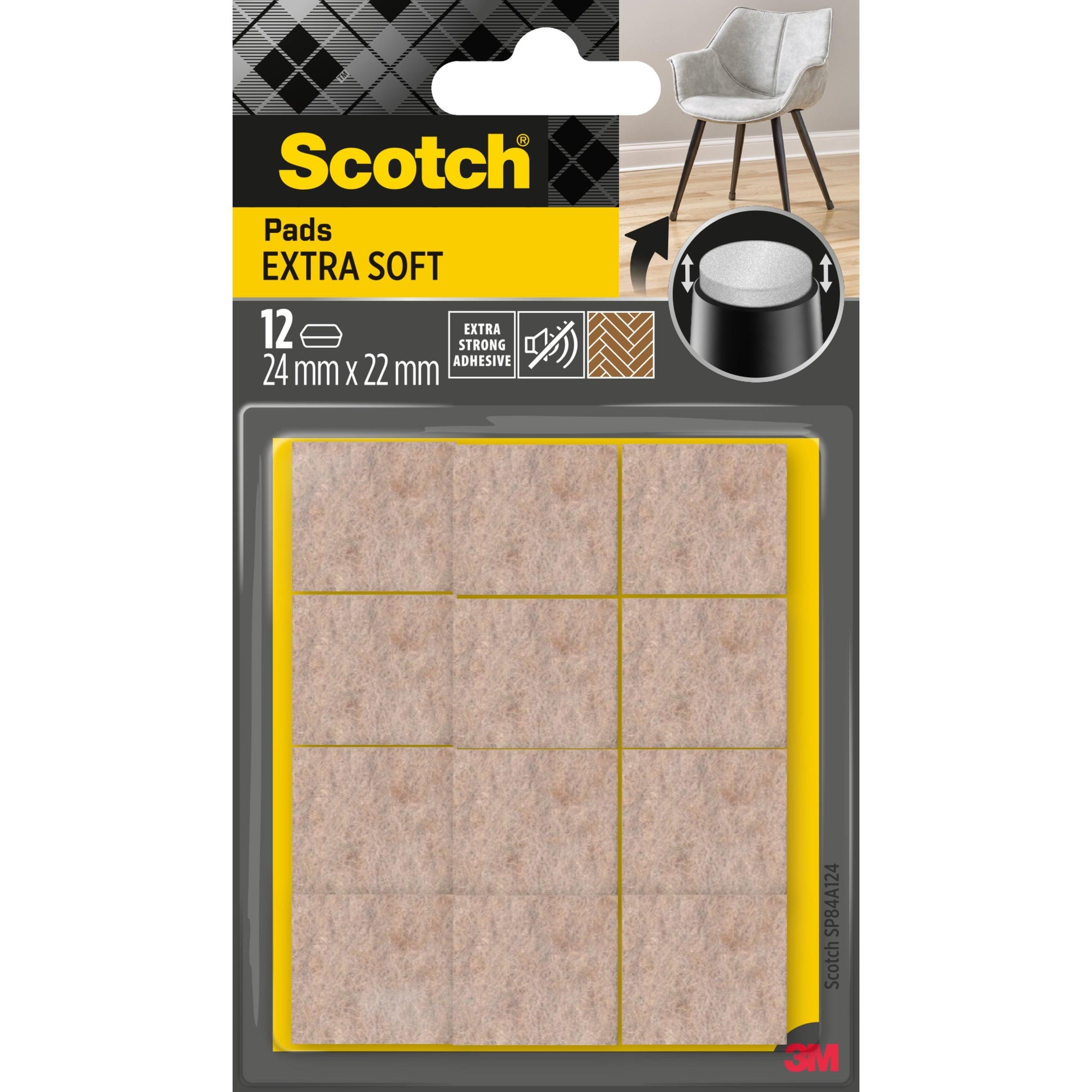 Eine Packung mit 12 Scotch® Extra weiche Filzpads SP84A24 von 3M, selbstklebende beige Filzpads (24 mm x 22 mm) in durchsichtiger Verpackung. Das Etikett hebt ihren extrastarken Klebstoff hervor.