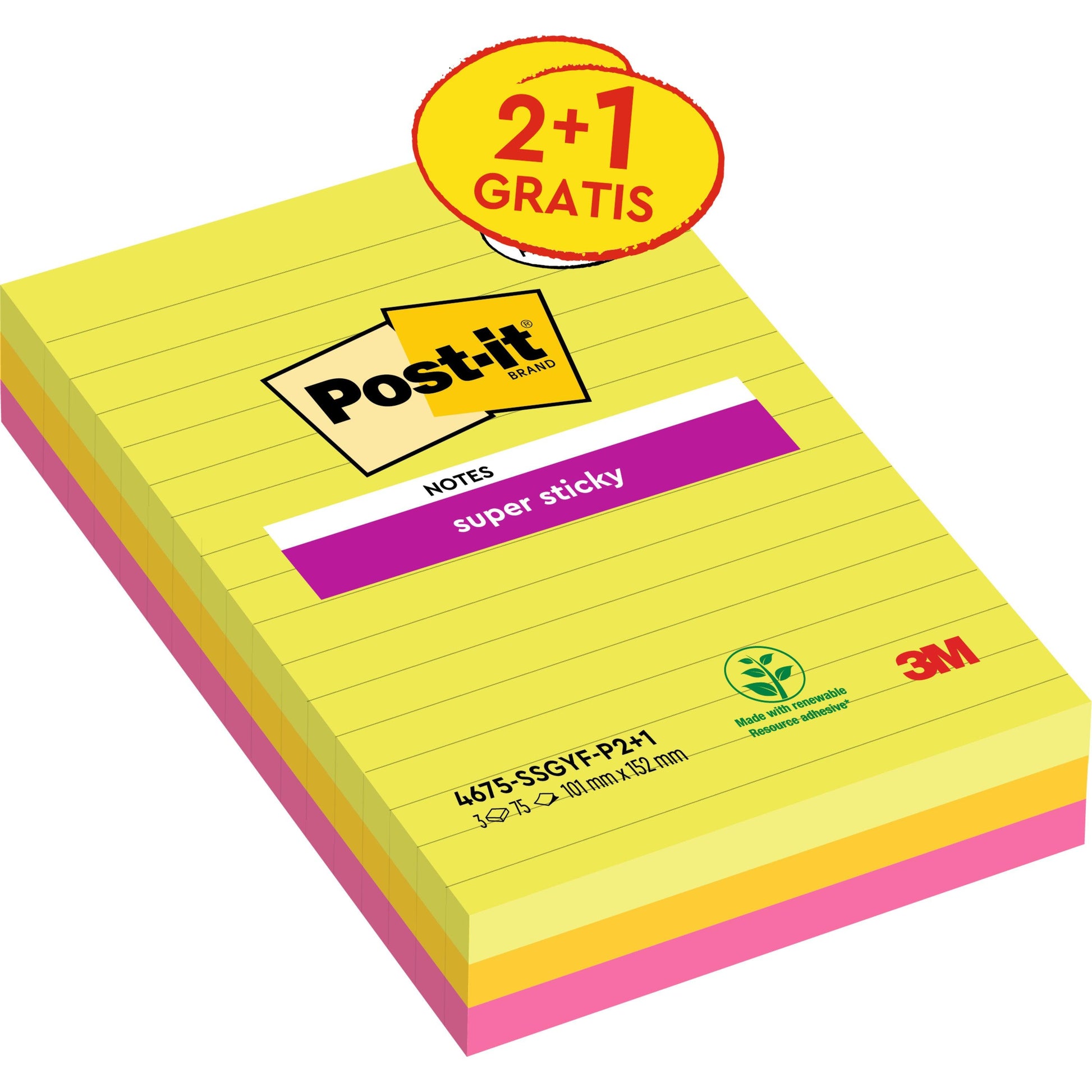 Eine Packung 3M Post-it® Super Sticky Notes im Großformat, liniert, in verschiedenen Farben (101 x 152 mm, 75 Blatt/Block), nachhaltig mit 100% PEFC. Eine "2+1 GRATIS"-Rundmarke sowie das 3M-Logo und ein Nachhaltigkeitssymbol sind sichtbar.