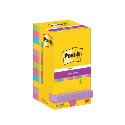 Zestaw 5 karteczek Post-it® Super Sticky Notes firmy 3M Deutschland GmbH, każda 76 mm x 76 mm z 90 arkuszami na blok, znajduje się w żółtym pudełku z logo Post-it i informacjami o produkcie z przodu i z tyłu.