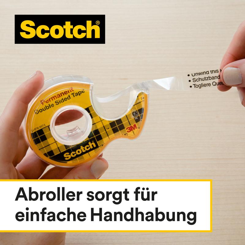 Ręka wyciąga dwustronną taśmę klejącą Scotch® o wymiarach 12 mm x 33 m z jej żółtego dyspensera od 3M Deutschland GmbH na jasnej drewnianej powierzchni. Niemiecki tekst brzmi: "Dyspenser zapewnia łatwą obsługę.