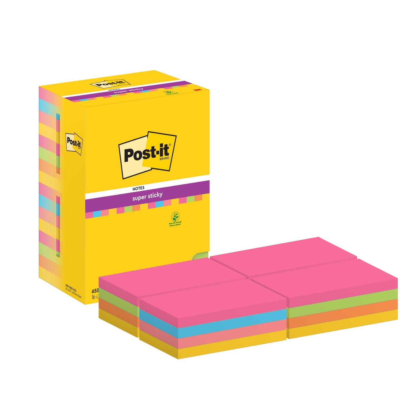 Żółta pudełko Post-it® Super Sticky Notes firmy 3M Deutschland GmbH z 16 stosami (76 x 127 mm, 90 arkuszy/blok) w kolorach różowym, zielonym, pomarańczowym i niebieskim, z mocną powierzchnią klejącą, certyfikowane przez PEFC.