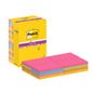 Żółta pudełko Post-it® Super Sticky Notes firmy 3M Deutschland GmbH z 16 stosami (76 x 127 mm, 90 arkuszy/blok) w kolorach różowym, zielonym, pomarańczowym i niebieskim, z mocną powierzchnią klejącą, certyfikowane przez PEFC.