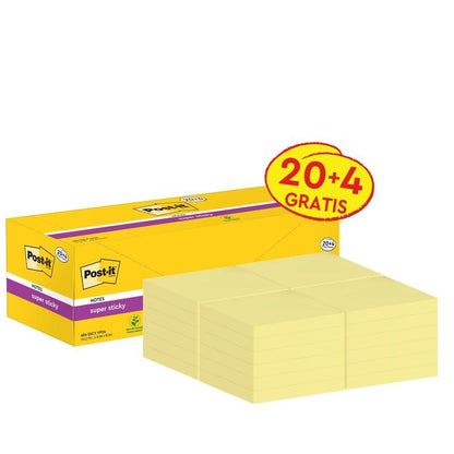 Na zdjęciu znajduje się żółte pudełko Post-it® Super Sticky Notes (76 mm x 76 mm, 90 arkuszy/blok, 100% PEFC) z 3M Deutschland GmbH z pięcioma stosami przed nim; pudełko jest oznaczone czerwono-żółtą etykietą "20 + 4 GRATIS".