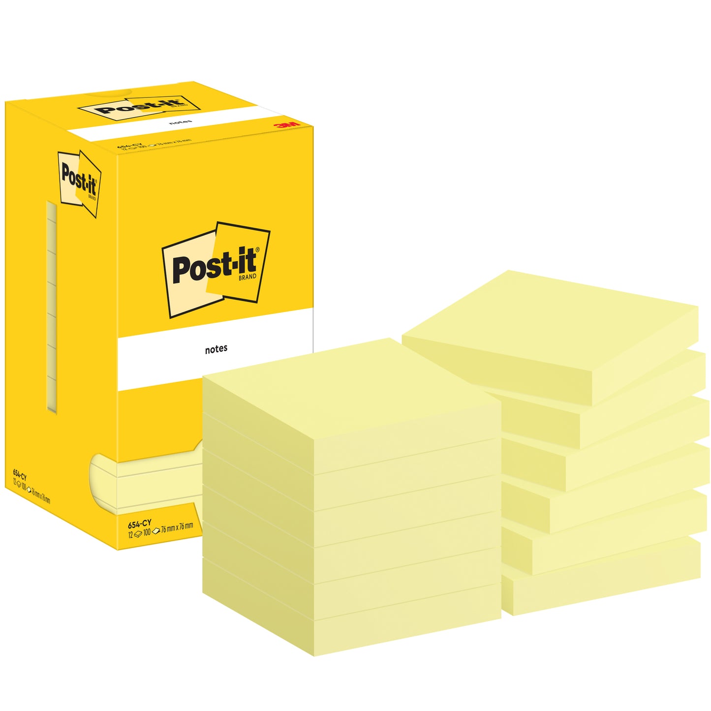Żółte pudełko z karteczkami Post-it® Notes firmy 3M Deutschland GmbH stoi obok dwunastu stosów żółtych karteczek (76x76mm, 100 arkuszy/blok) w kartonowym opakowaniu (100% PEFC). Wszystko jest starannie ułożone na białym tle.