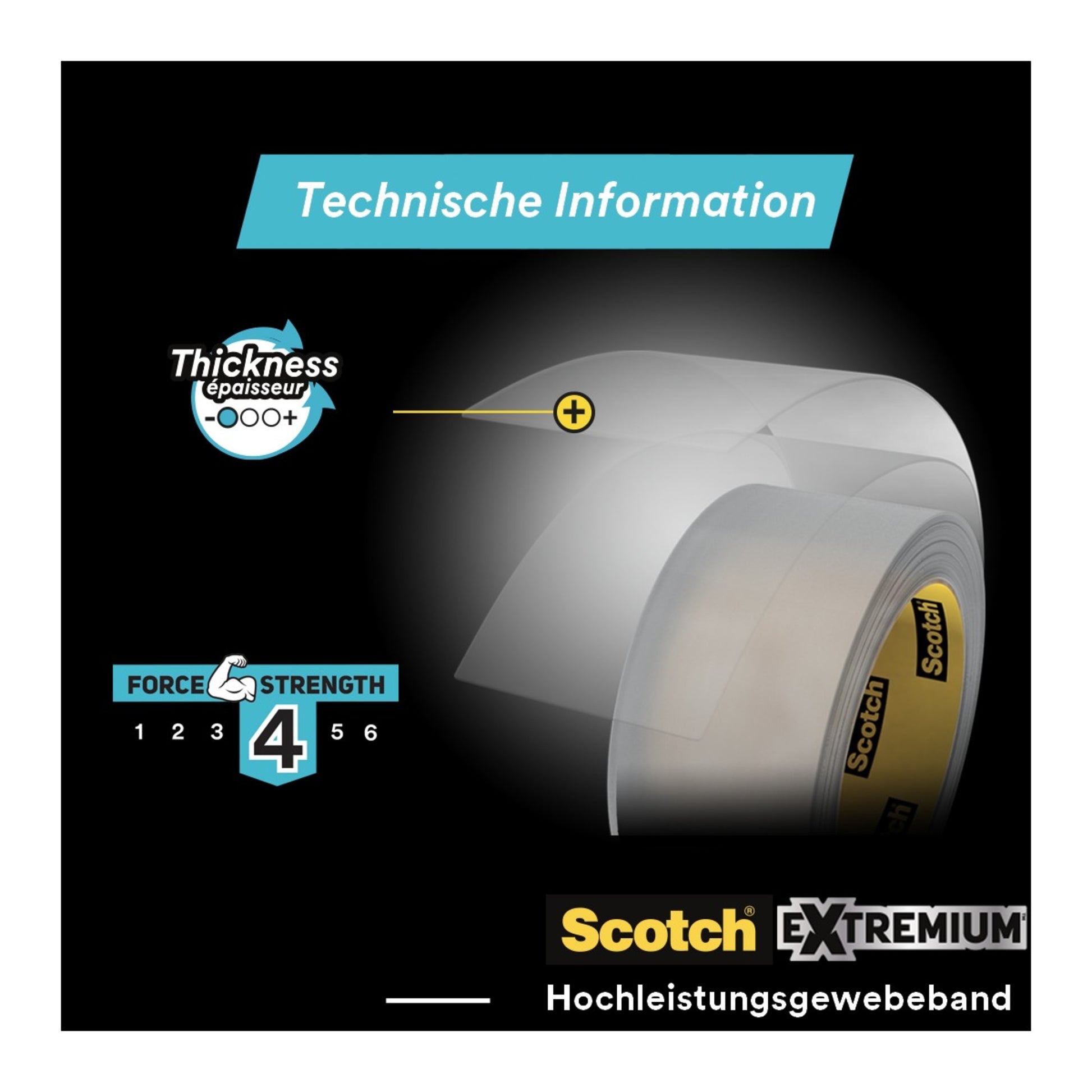 Abgebildet ist eine Rolle Scotch® Extremium™ INVISIBLE Hochleistungs-Klebeband (20 m x 48 mm, 1 Rolle) der 3M Deutschland GmbH mit einem Diagramm zur Hervorhebung der Dicke (4/6) und "Technische Information" am oberen Rand.