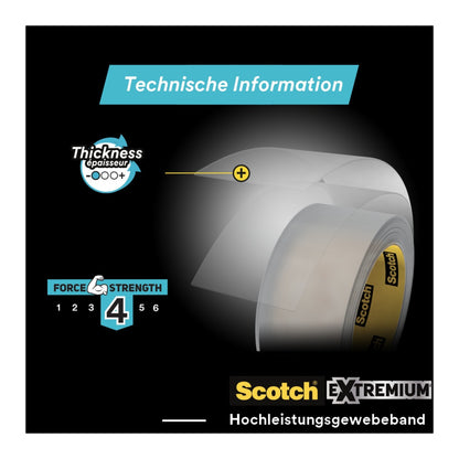 Abgebildet ist eine Rolle Scotch® Extremium™ INVISIBLE Hochleistungs-Klebeband (20 m x 48 mm, 1 Rolle) der 3M Deutschland GmbH mit einem Diagramm zur Hervorhebung der Dicke (4/6) und "Technische Information" am oberen Rand.