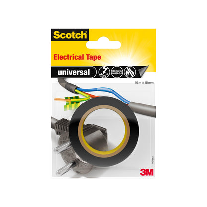 Eine Packung Scotch® Isolierband universal (10 m x 15 mm, 1 Rolle) der 3M Deutschland GmbH, mit einer schwarzen Rolle Klebeband, farbigen Drähten, einem Stecker und dem Etikett "universal". Das 3M-Logo erscheint unten rechts.