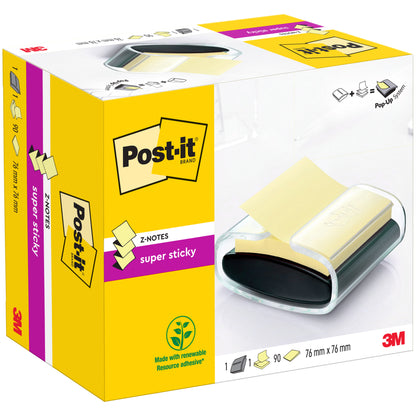Czarny dyspenser Post-it® Z-Notes (PRO) z 90 żółtymi Super Sticky Z-Notes (76 mm x 76 mm) od 3M Deutschland GmbH.