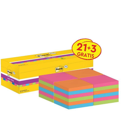 Żółte opakowanie 3M Deutschland GmbH Post-it® Super Sticky Notes (76 x 76 mm, 90 arkuszy/blok, 100% PEFC) zawiera 24 kolorystycznie posegregowane bloki z etykietą promocyjną "21 + 3 Gratis".