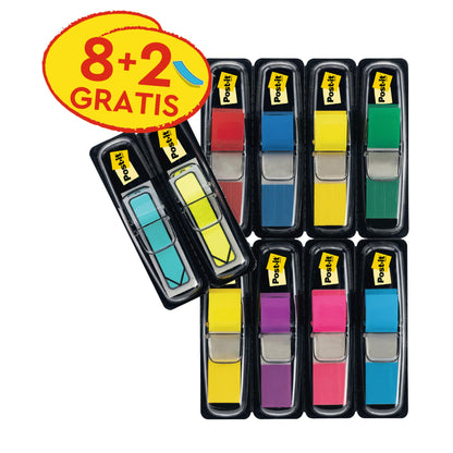 Zestaw mini zakładek indeksujących Post-it® firmy 3M Deutschland GmbH (11,9 x 43,2 mm) zawiera różne kolory oraz niebiesko-żółte strzałki indeksujące, z promocją "8+2 GRATIS" do łatwego oznaczania dokumentów - w sumie: 8 dyspenserów + 4 gratis na opakowanie.