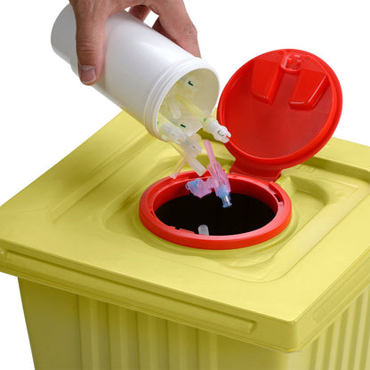Ręka wyrzuca zużyte końcówki strzykawek z białego pojemnika na odpady Helmut Schwarz GmbH melijekt o pojemności 12 L do żółtego pojemnika na odpady medyczne z czerwoną pokrywką, zapewniając tym samym prawidłową utylizację.