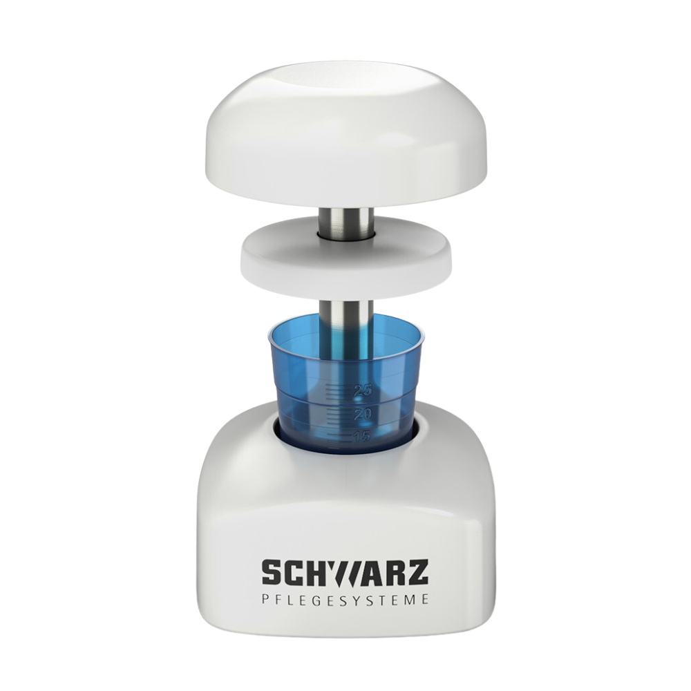 Białe urządzenie kuchenne w cylindrycznym designie firmy Helmut Schwarz GmbH doskonale nadaje się do higienicznego rozdrabniania. Posiada zdejmowaną pokrywę i przezroczysty niebieski pojemnik z oznaczeniami miarowymi, idealny do zastosowania jako melipul Tabletten-Mörser PROFI.