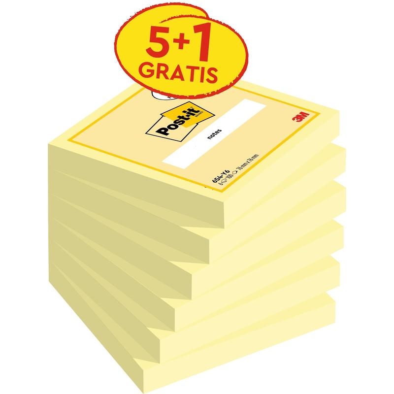 Karteczki Post-it®, żółte, 76 mm x 76 mm, promocyjne, 100 arkuszy/bloczek, 5 bloków + 1 gratis/opakowanie, 100% PEFC, SGSCH-PEFC-COC-110078 | Opakowanie (6 sztuk)