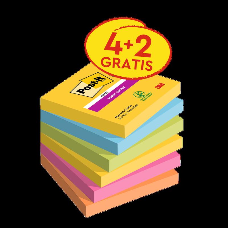Karteczki samoprzylepne Post-it®, kolekcja karnawałowa, 76 mm x 76 mm, promocja, 90 arkuszy w bloku, 4 bloki + 2 gratis w opakowaniu, 100% PEFC, SGSCH-PEFC-COC-110078 | Opakowanie (6 sztuk)