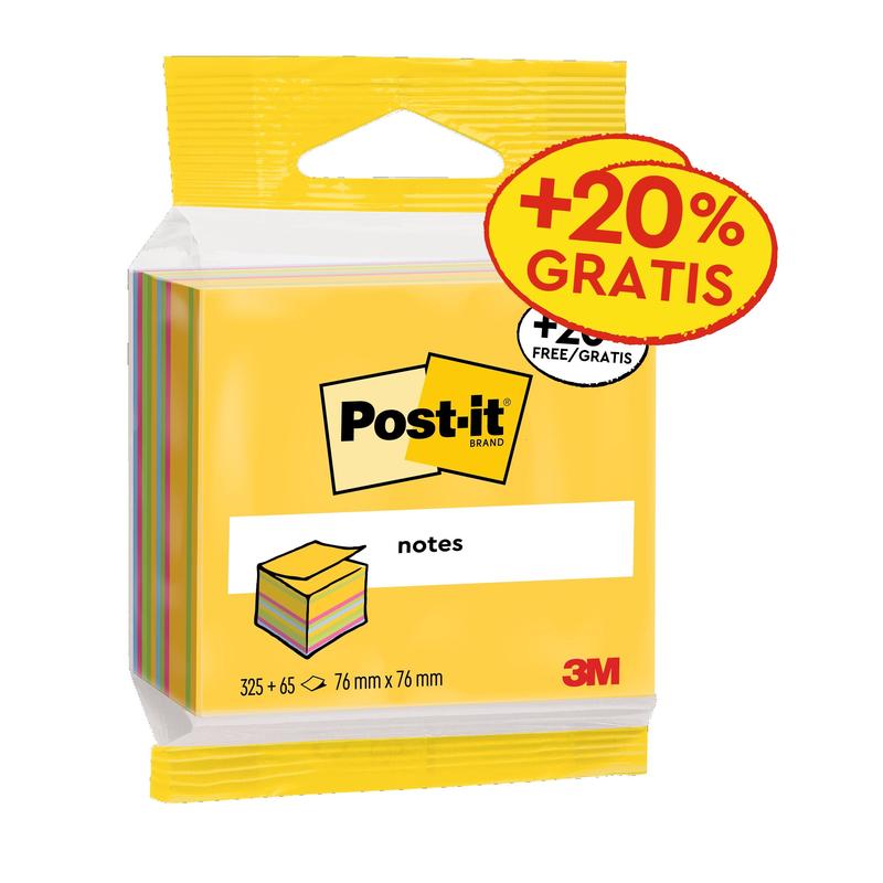 Kostki z notatkami Post-it®, Ultra Colors, 76 mm x 76 mm, 20% bezpłatnej promocji, 390 arkuszy w bloku, 1 blok w opakowaniu, 100% PEFC, SGSCH-PEFC-COC-110078 | Opakowanie (1 zestaw)