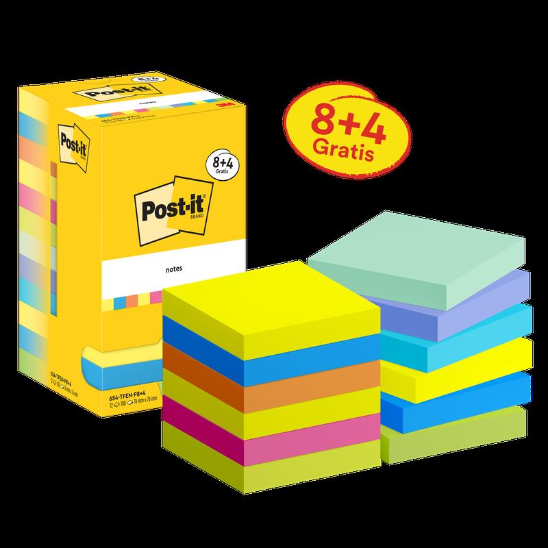 Karteczki Post-it®, kolekcja Energetic, 76 mm x 76 mm, promocja, 90 arkuszy/bloczek, 8 bloków + 4 gratis/opakowanie, opakowanie kartonowe, 100% PEFC, SGSCH-PEFC-COC-110078 | Opakowanie (12 sztuk)