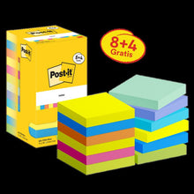 Karteczki Post-it®, kolekcja Energetic, 76 mm x 76 mm, promocja, 90 arkuszy/bloczek, 8 bloków + 4 gratis/opakowanie, opakowanie kartonowe, 100% PEFC, SGSCH-PEFC-COC-110078 | Opakowanie (12 sztuk)