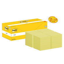 Karteczki Post-it®, żółte, 76 mm x 76 mm, promocyjne, 100 arkuszy w bloku, 12 bloków + 12 gratis w opakowaniu, opakowanie kartonowe, 100% PEFC, SGSCH-PEFC-COC-110078 | Opakowanie (24 sztuki)
