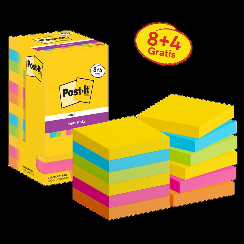 Karteczki samoprzylepne Post-it®, kolekcja karnawałowa, 76mm x 76mm, promocja, 90 arkuszy/bloczek, 8 bloków + 4 gratis/opakowanie, opakowanie kartonowe, 100% PEFC, SGSCH-PEFC-COC-110078 | Opakowanie (12 sztuk)