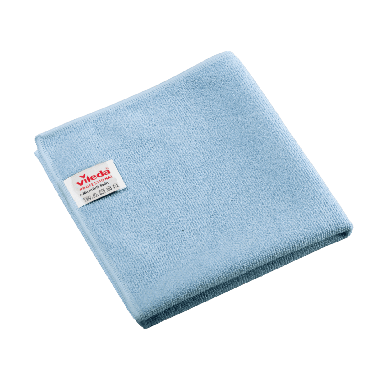Złożona niebieska ściereczka z mikrofibry Vileda Professional r-MicroTuff Swift z wszytą białą etykietą, na której widnieje nazwa marki oraz symbole dotyczące pielęgnacji.