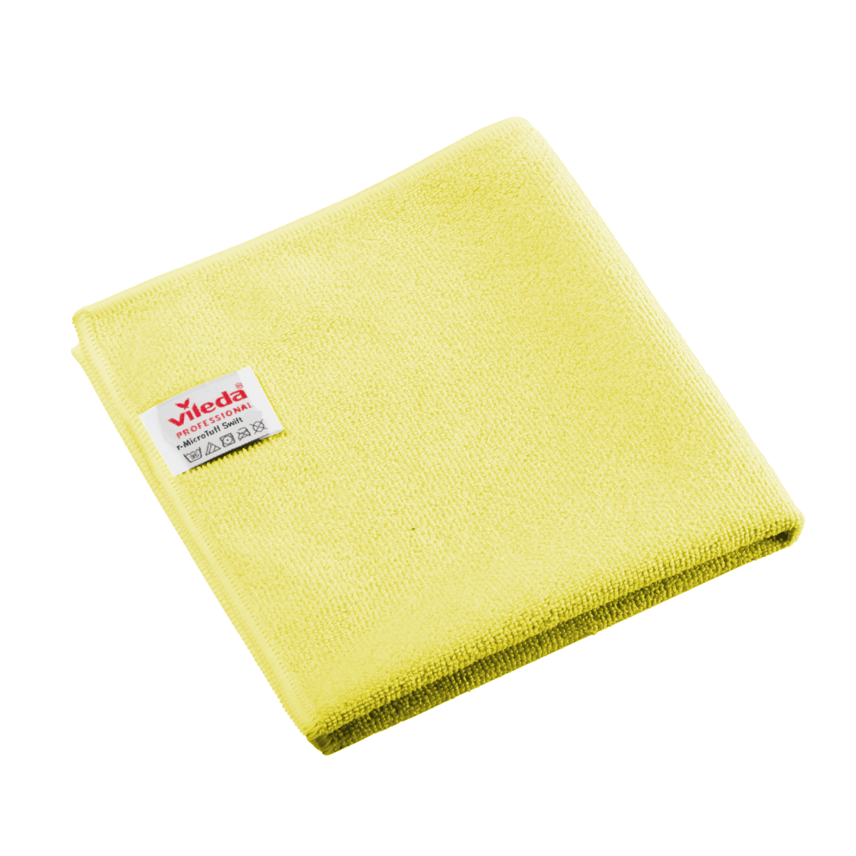 Złożona, żółta ściereczka z mikrofibry Vileda Professional r-MicroTuff Swift z wszytą białą etykietą.
